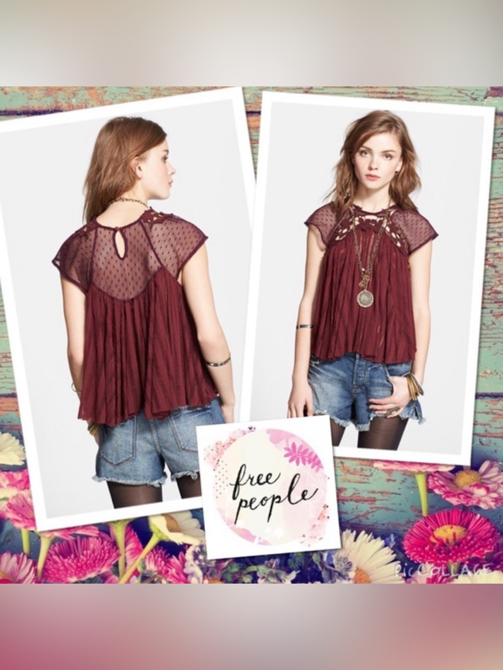 Free People ‘Stars Align’ Sheer Swiss Dot Swing Top in Wine Red size Small - Picture 4 of 13